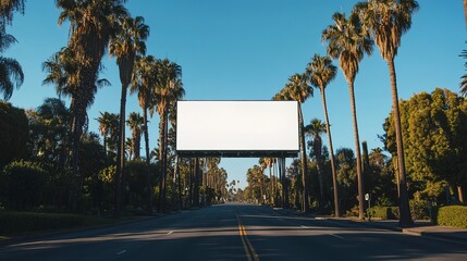 Canvas Print - A large billboard is in the middle of a palm tree-lined street. The billboard is white and is the only thing visible in the image. The palm trees are tall and are located on both sides of the street 