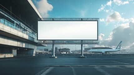 Wall Mural - Blank billboard mockup in an airport with aero planes in the background, photo-realistic 