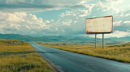 Wall Mural - tall empty billboard placed on green meadow near empty road going through scenery in countryside against cloudy sky 