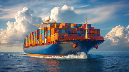 Large Cargo Ship Navigating Through Calm Waters Under a Bright Sky With Fluffy Clouds at Sunset