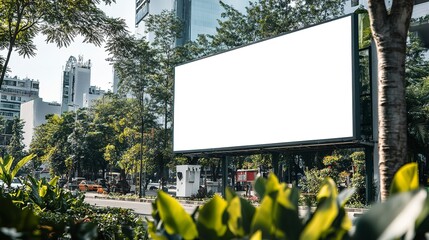 Canvas Print - A large blank billboard on a city street with trees and plants in the foreground.