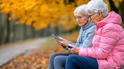 Sticker - Two older women sitting on a bench looking at their cell phones, AI