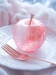 A single pink apple coated in white glaze sits on a white plate with a gold fork.