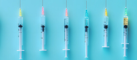 Aerial view of syringes with needles on a blue background emphasizing copy space image Depicting the concept of injection treatment