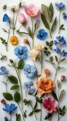 Poster - Delicate pattern of pressed wildflowers, elegant floral patterns, flowers with green leaves flower bells, subtle soft. Generative AI.