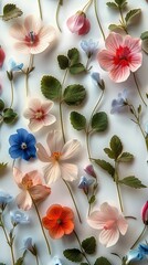 Poster - Delicate pattern of pressed wildflowers, elegant floral patterns, flowers with green leaves flower bells, subtle soft. Generative AI.