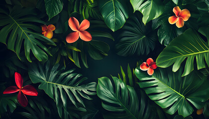 A lush jungle scene with vibrant green leaves and exotic flowers, bringing the warmth of the tropics to your screen