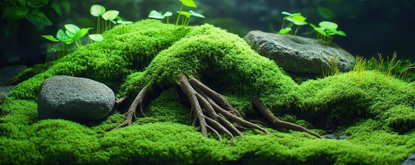 Lush moss overtaking stones, roots emerging from beneath, creating harmony, Botanical