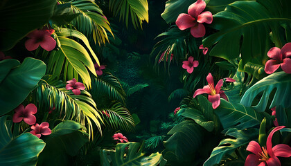 A lush jungle scene with vibrant green leaves and exotic flowers, bringing the warmth of the tropics to your screen