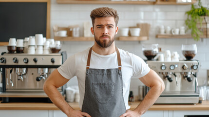 Wall Mural - A man in apron standing with his arms crossed and hands on hips, AI