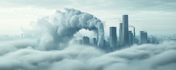 A hazy city skyline obscured by cloud and pollution, with smoke billowing from buildings, highlighting urban environmental challenges.