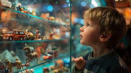 Wall Mural - a little boy stands near the window of a vintage toy store and looks at them enthusiastically. happy