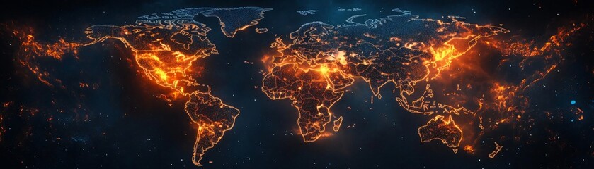 Poster - Dramatic global map visualization with glowing lines and bright lights, representing connectivity and technology across continents.