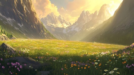 Wall Mural - A Mountain Valley Bathed in Golden Light with a Field of Wildflowers