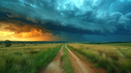 Poster - Dramatic Sunset Stormy Sky Over Field Road