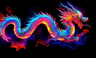 Wall Mural - dragon with color light on dark background