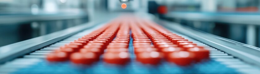 Red container caps are moving along a conveyor belt in a factory setting, showcasing a streamlined manufacturing process.