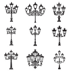 Wall Mural - Isolated vintage lamppost, Vintage Garden Lamp Silhouette street light vector illustration