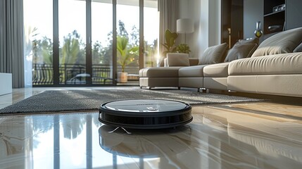 Poster - Mini robot vacuum cleaning a living room, avoiding obstacles. Generative AI.