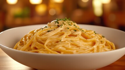 Poster - A bowl of pasta with a garnish on top is shown, AI