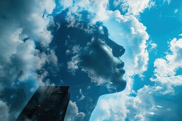 Wall Mural - Artistic depiction of a human face formed by clouds, blending with a city skyline beneath. Free copy space for text.