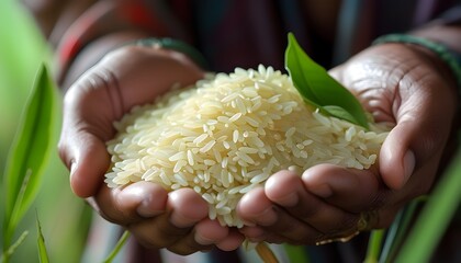 Wall Mural - Handheld jasmine rice from Thailand showcasing its unique texture and aroma