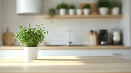 Minimalist Scandinavian kitchen with a blurred background. Features an empty kitchen counter bar for flexible placement of home kitchen products.