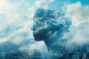Wall Mural - Artistic depiction of a human face formed by clouds, blending with a city skyline beneath. Free copy space for text.