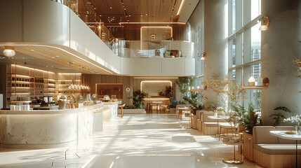 Poster - Interior of a food court in a shopping mall designed in a minimalist contemporary style with light beige tones. Generative AI.