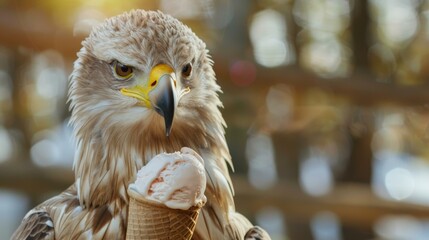 Wall Mural - Eagle eating an ice cream cone. AI.