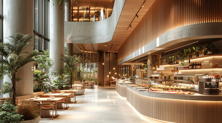 Poster - Interior of a food court in a shopping mall designed in a minimalist contemporary style with light beige tones. Generative AI.