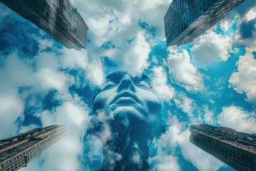 Wall Mural - Artistic depiction of a human face formed by clouds, blending with a city skyline beneath. Free copy space for text.