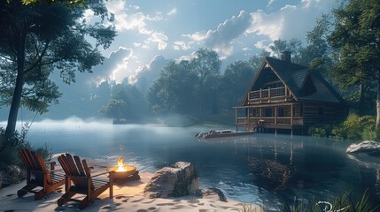 A calm blue lake on the island. In the center of the scene is a stone fire, and four chairs around it. A boat is floating on the lake, and a large wooden house stands on the shore. Generative AI.