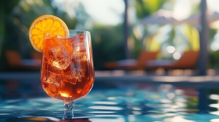 Wall Mural - Refreshing aperol spritz cocktail with orange slice adorns a poolside setting at a resort, offering a moment of relaxation.