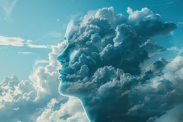 Wall Mural - Artistic depiction of a human face formed by clouds, blending with a city skyline beneath. Free copy space for text.