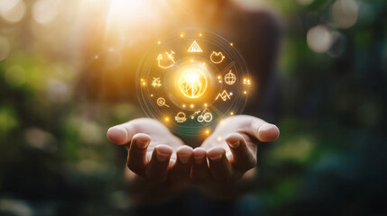 A human hand holding a virtual icon representing energy saving, emphasizing the conservation of natural resources and environmental protection. The concept addresses the reduction of carbon emissions 