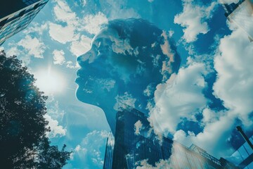 Wall Mural - Artistic depiction of a human face formed by clouds, blending with a city skyline beneath. Free copy space for text.