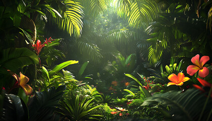 A lush jungle scene with vibrant green leaves and exotic flowers, bringing the warmth of the tropics to your screen