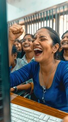 Canvas Print - A woman laughs with joy while sitting in front of a computer. AI.