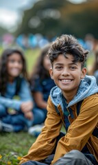 Wall Mural - A young boy smiles happily while sitting with friends. AI.