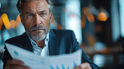 Poster - A senior executive in a suit reading financial regulations document, focused and serious expression, in a modern office setting with blurred financial charts in the background. Generative AI.