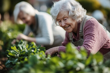 Canvas Print - Senior Women Contributing Joyfully to a Community Garden  