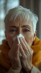 Poster - A woman holds a tissue to her nose. AI.