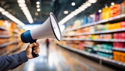 Close-up of a hand holding a megaphone in a supermarket aisle, announcing a message or promotion in a store setting.