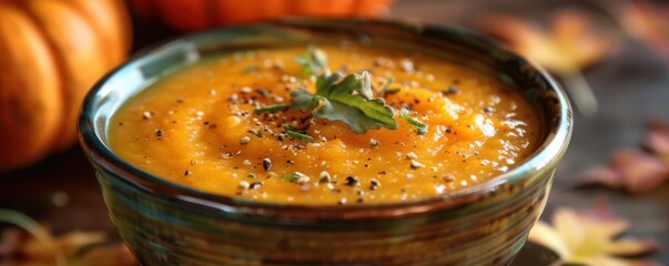 Wall Mural - Creamy pumpkin soup garnished with herbs and croutons, perfect for cozy autumn days.