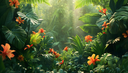 A lush jungle scene with vibrant green leaves and exotic flowers, bringing the warmth of the tropics to your screen