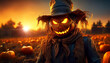 © Alberto Masnovo - Closeup of a scary scarecrow with carved halloween pumpkin (Jack O Lantern) and old farmer hat in a pumpkin field at sunset. Autumn season and Halloween party concept. Generative Ai.