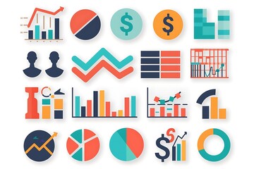 A collection of financial icons including currency symbols and graphs set against a clean white background