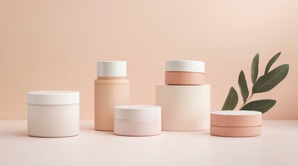 Poster - minimalist skincare jars arranged aesthetically on a pastel pink surface with a green leaf accent in