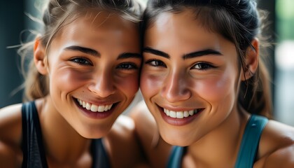 Wall Mural - Triumphant female athletes celebrating together with linked heads and radiant smiles